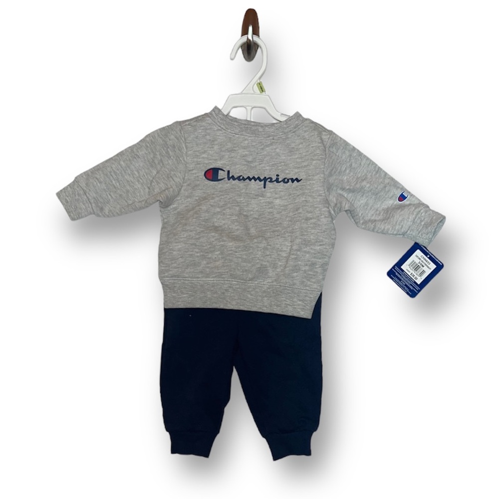 Champion NWT baby boy outfit Gray crew neck and navy sweat pants Size 3/6 months